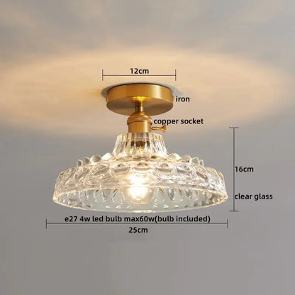 Modern gold etched glass led ceiling lamp with clear textured glass pendant, brass iron base, and copper socket
