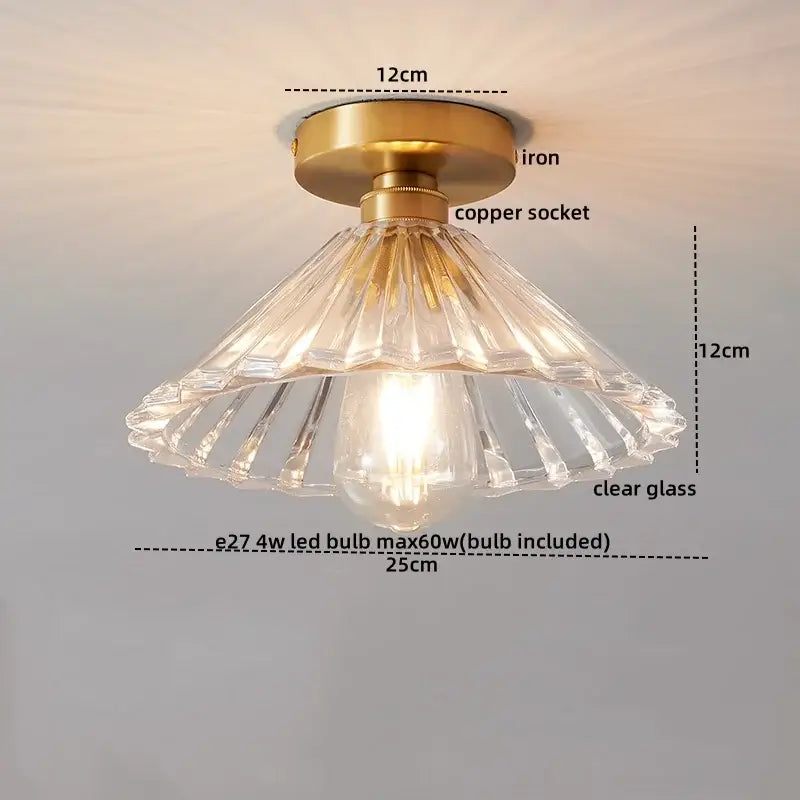 Modern gold etched glass led ceiling lamp with clear fluted glass, brass iron base, and copper socket for living room lighting