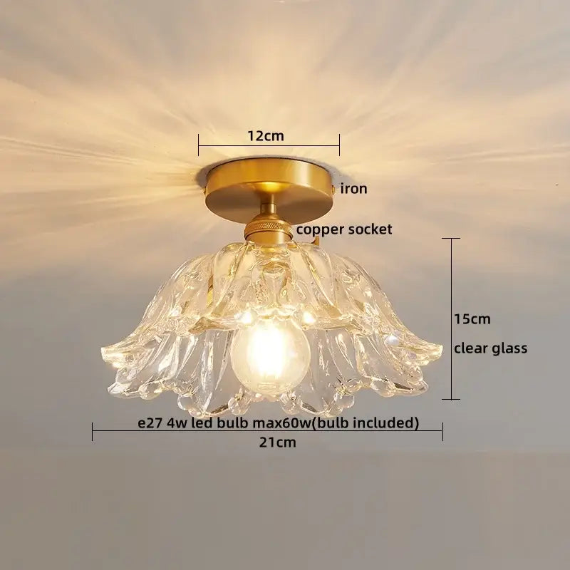 Modern gold etched glass led ceiling lamp with clear glass pendant light brass base and copper socket for living room