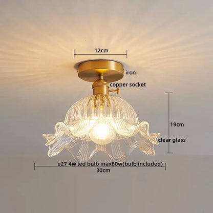 Modern gold etched glass led ceiling lamp with clear flower-shaped glass shade brass iron base and copper socket