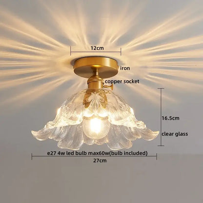 Modern gold etched glass led ceiling lamps featuring a vintage brass iron base with copper socket and clear glass petals