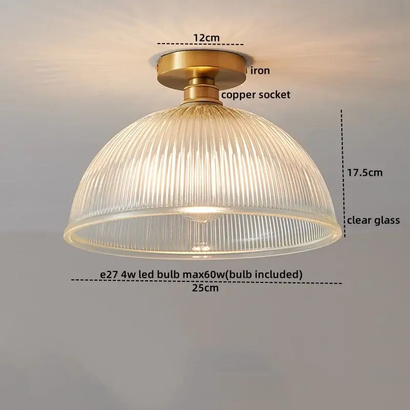 Modern gold etched glass led ceiling lamp with brass iron base copper socket and clear ribbed glass shade for living room