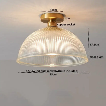 Modern gold etched glass led ceiling lamp with brass iron base copper socket and clear ribbed glass shade for living room