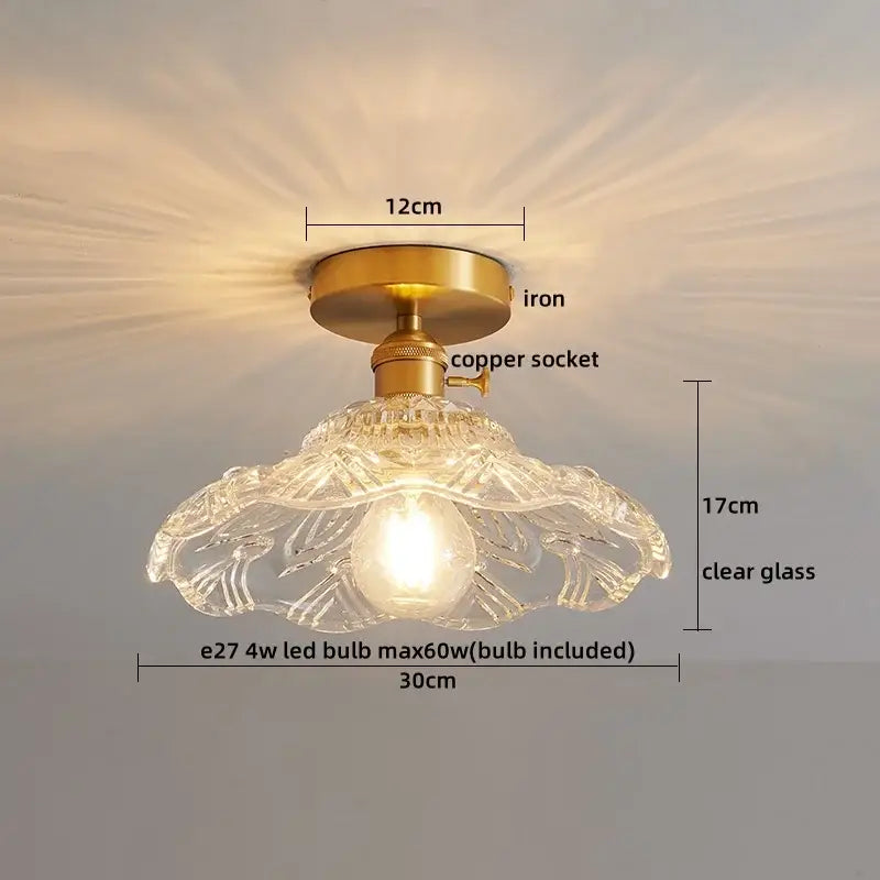 Modern gold etched glass led ceiling lamp with brass base copper socket and floral etched shade for living room lighting