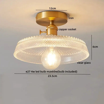 Vintage-style led ceiling lamp with brass iron base, copper socket, and clear textured glass shade for living room use