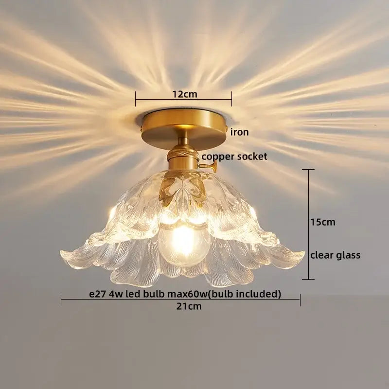 Modern gold etched glass led ceiling lamps feature brass iron base copper socket and clear glass petals for warm light