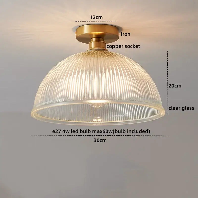 Modern gold etched glass led ceiling lamp with brass iron base copper socket and clear ribbed glass shade for living room lighting