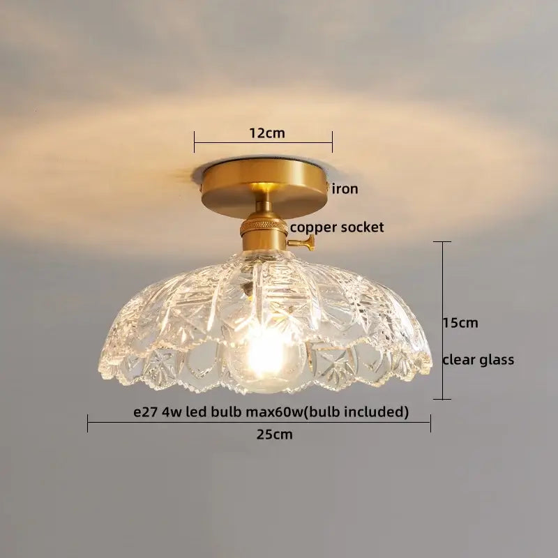 Vintage-style led ceiling lamp with brass iron base copper socket and etched clear glass shade for living room lighting