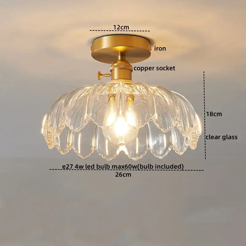 Modern gold etched glass led ceiling lamp with brass iron base copper socket and clear glass petals for living room lighting ceiling lamps