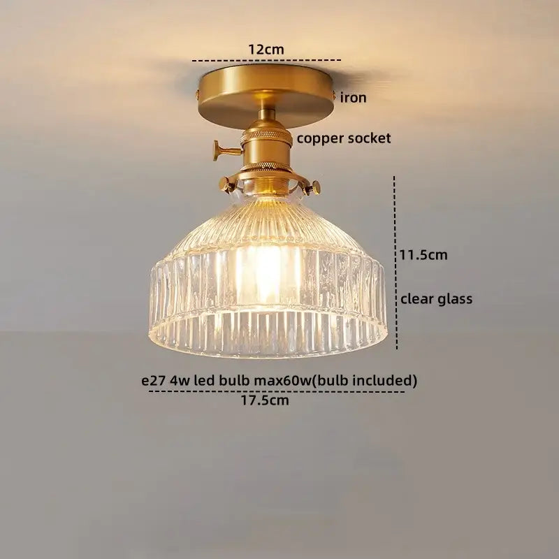 Vintage-style led ceiling lamp with brass-finished iron, copper socket, and clear ridged glass shade for living room