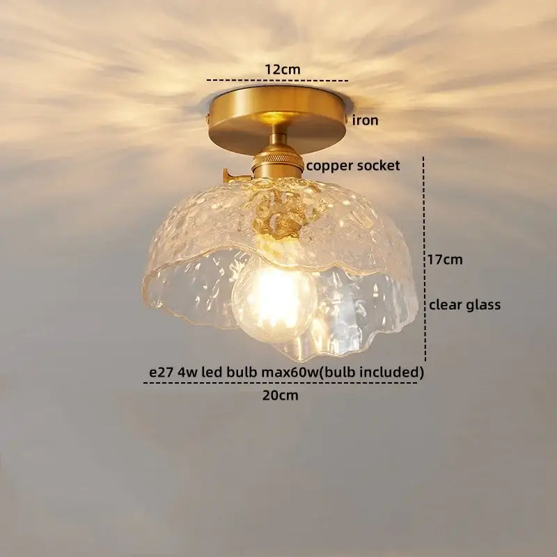 Vintage-style led ceiling lamp with brass iron base copper socket and clear textured glass shade for living room