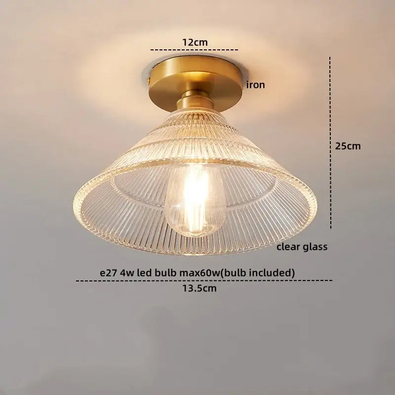 Vintage-style modern gold etched glass led ceiling lamp with brass iron base and clear ribbed glass shade for living rooms