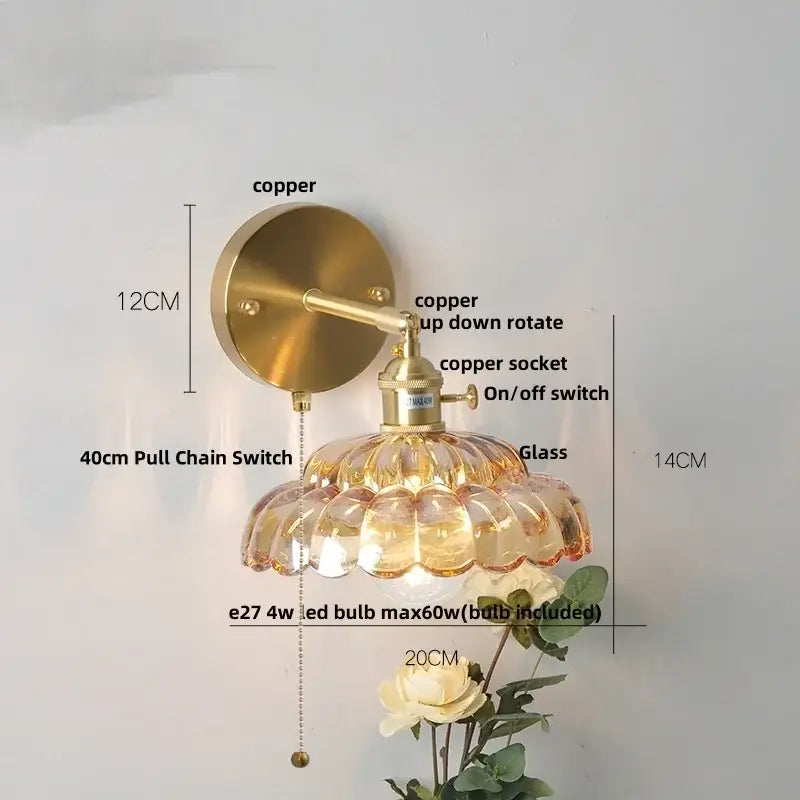 Modern gold faceted clear glass wall light bedroom sconce with brass scalloped amber glass shade and copper socket wall light decorbites clear glass