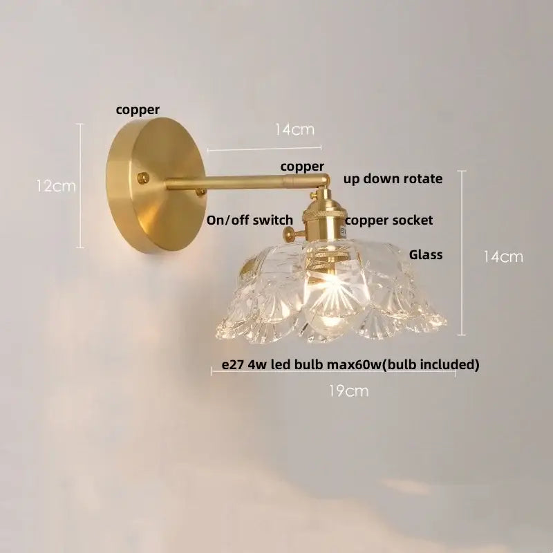 Modern gold faceted clear glass wall light with brass copper finish and ornate clear glass shade for bedroom decorbites clear glass