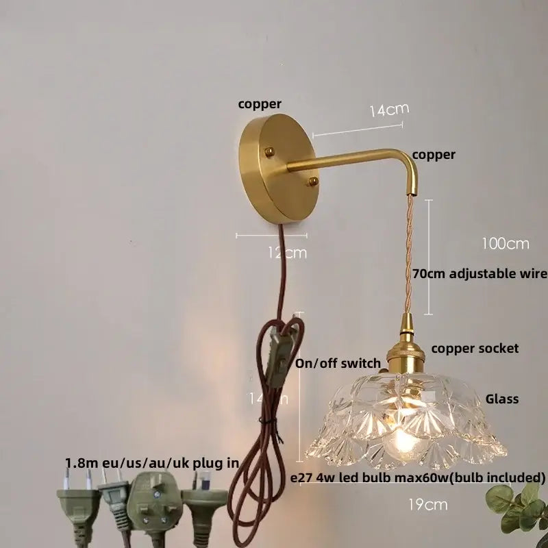Modern gold wall light featuring a vintage-style copper frame and decorbites clear glass faceted shade with adjustable wire