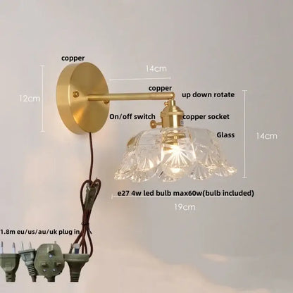 Modern gold faceted clear glass wall light with brass copper finish and ornate shade for stylish bedroom decorbites clear glass