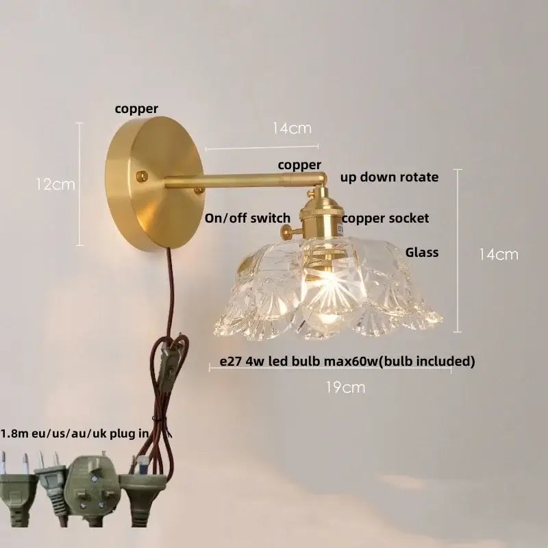 Modern gold faceted clear glass wall light with brass copper finish and ornate shade for stylish bedroom decorbites clear glass