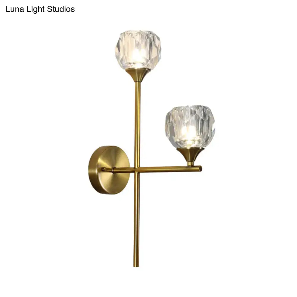 Modern gold faceted crystal wall light fixture with brass finish and two globe shades for bedroom wall sconce 220v-240v 110v-120v