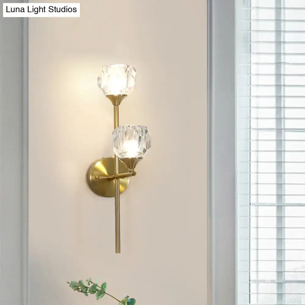 Modern gold faceted crystal wall light fixture with two faceted crystal shades for 220v-240v 110v-120v use