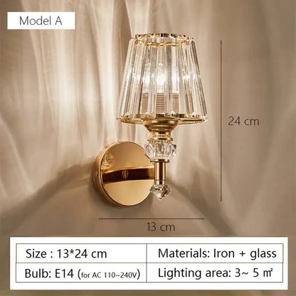 Modern gold wall lamp with faceted glass shade and decorative glass elements for living room sconce lighting