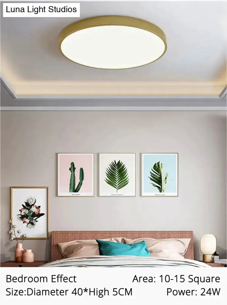 Decorbites modern gold-rimmed circular ceiling light with soft white illuminated center for indoor living spaces