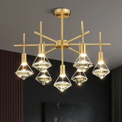 Modern gold finish light fixture with six crystal diamond-shaped shades on geometric frame for kitchen island