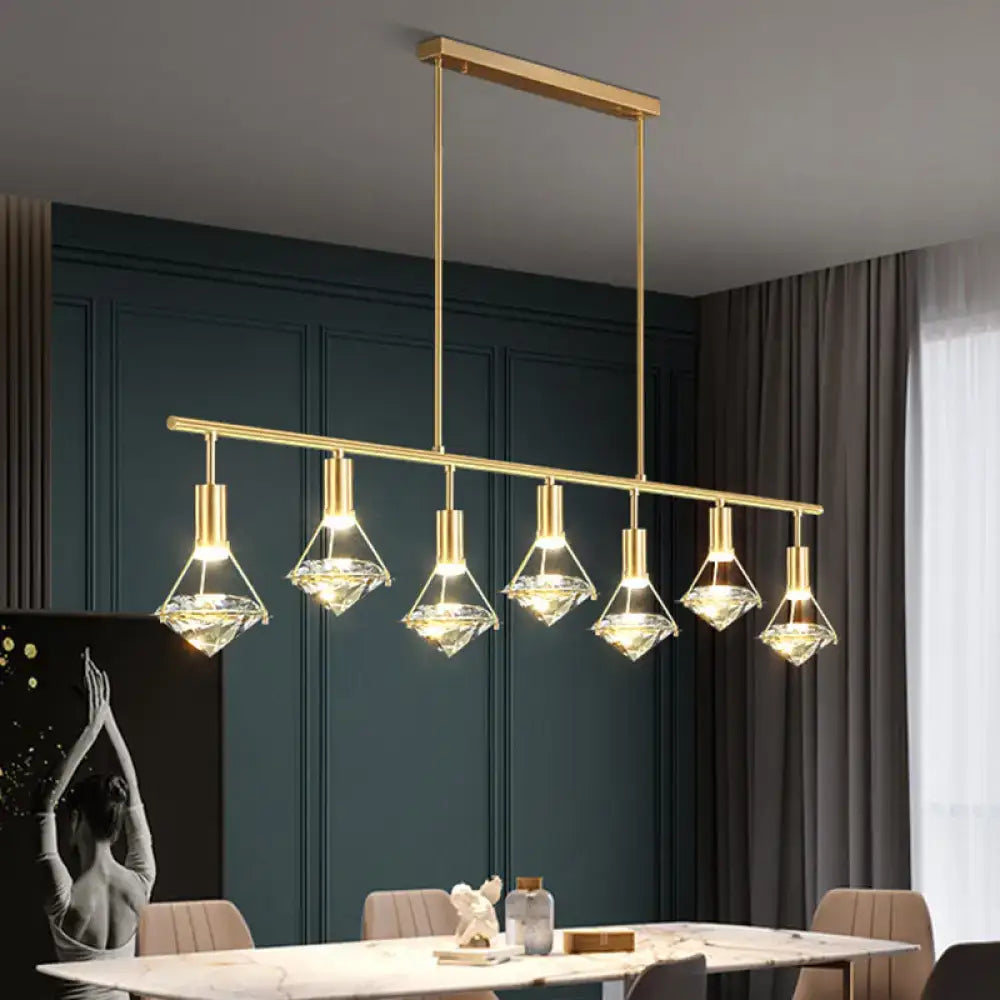 Modern gold finish crystal pendant light fixture with six diamond-shaped glass shades for kitchen island lighting