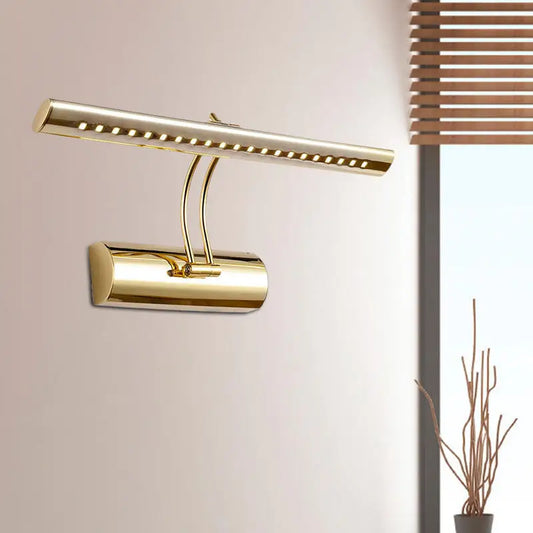 Modern gold finish metal led wall sconce with sleek elongated bar design and adjustable arm for bathroom picture lighting