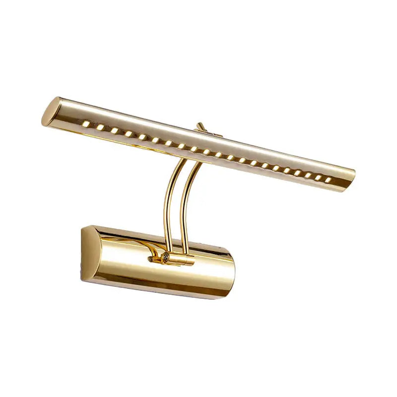 Modern gold finish metal led wall sconce with a sleek adjustable arm for bathroom picture lighting