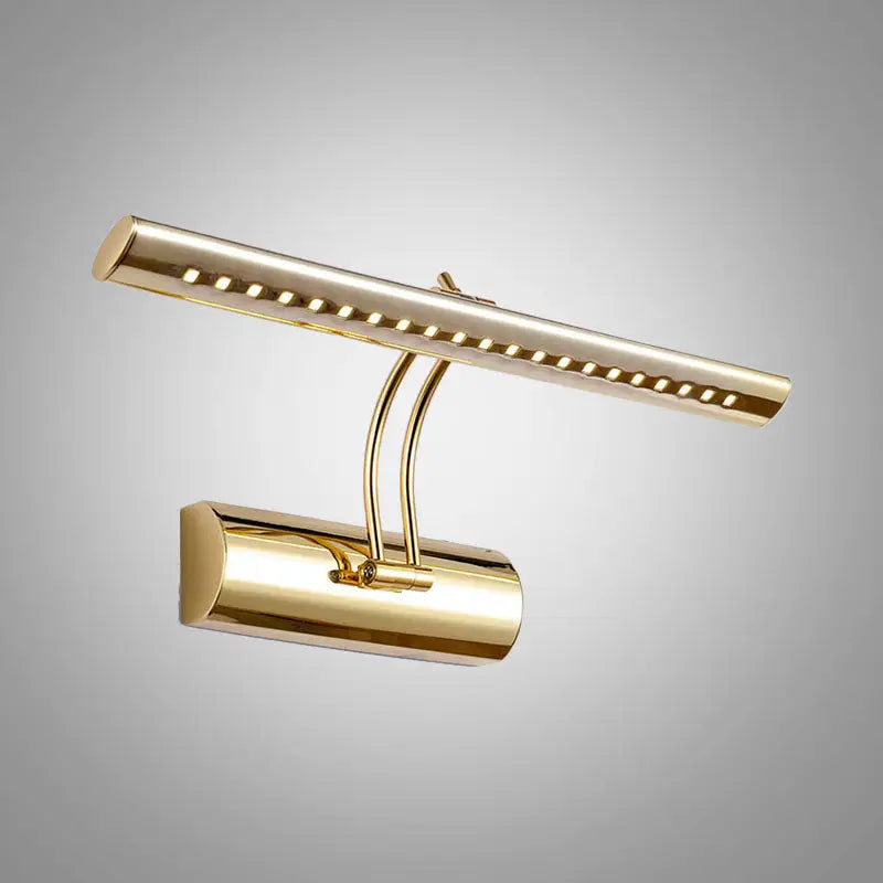 Modern gold finish metal led wall sconce with adjustable arm and sleek design for bathroom picture lighting