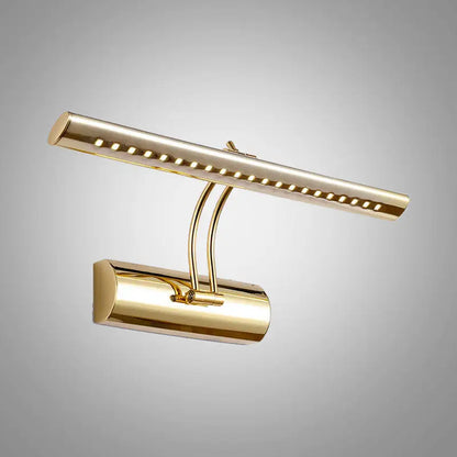 Modern gold finish metal led wall sconce with adjustable arm and sleek design for bathroom picture lighting