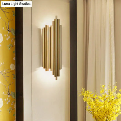 Modern gold finish slim tube wall lamp with vertical cylindrical tubes in a heart-shaped pattern for living room use