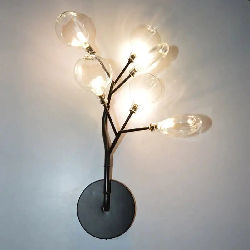 Black metal wall light with five clear glass bulb arms branching like a tree modern led wall light for bedroom