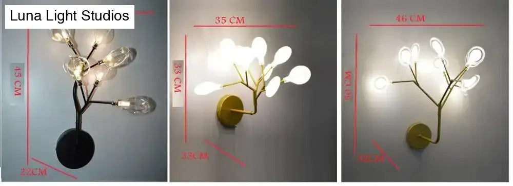 Modern gold firefly tree branch led wall light featuring gold-toned branching arms and clear glass bulb shades