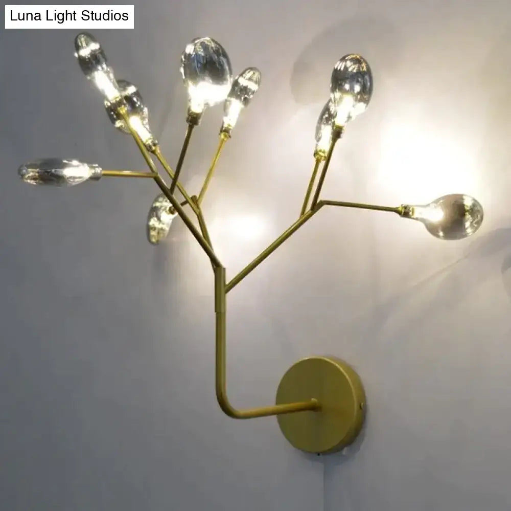 Modern gold firefly tree branch led wall light featuring gold-toned metal and clear teardrop glass bulbs for bedroom use
