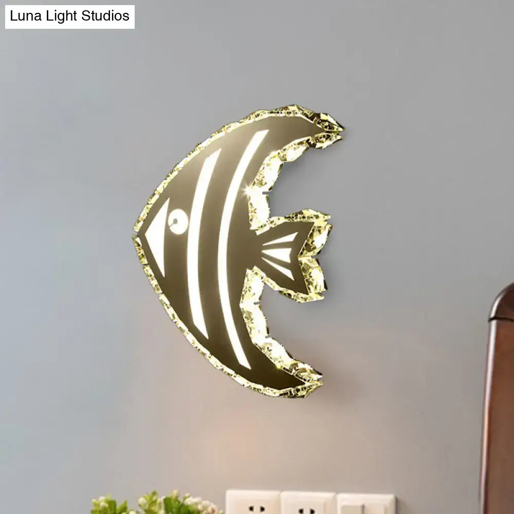 Modern gold fish wall sconce with crystal shade stainless steel finish and warm white glowing led stripes for bedroom light