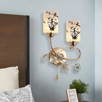 Modern gold floral 2 bulb wall lamp with frosted glass shades and crystal accents 220v-240v fixture type for bedroom use