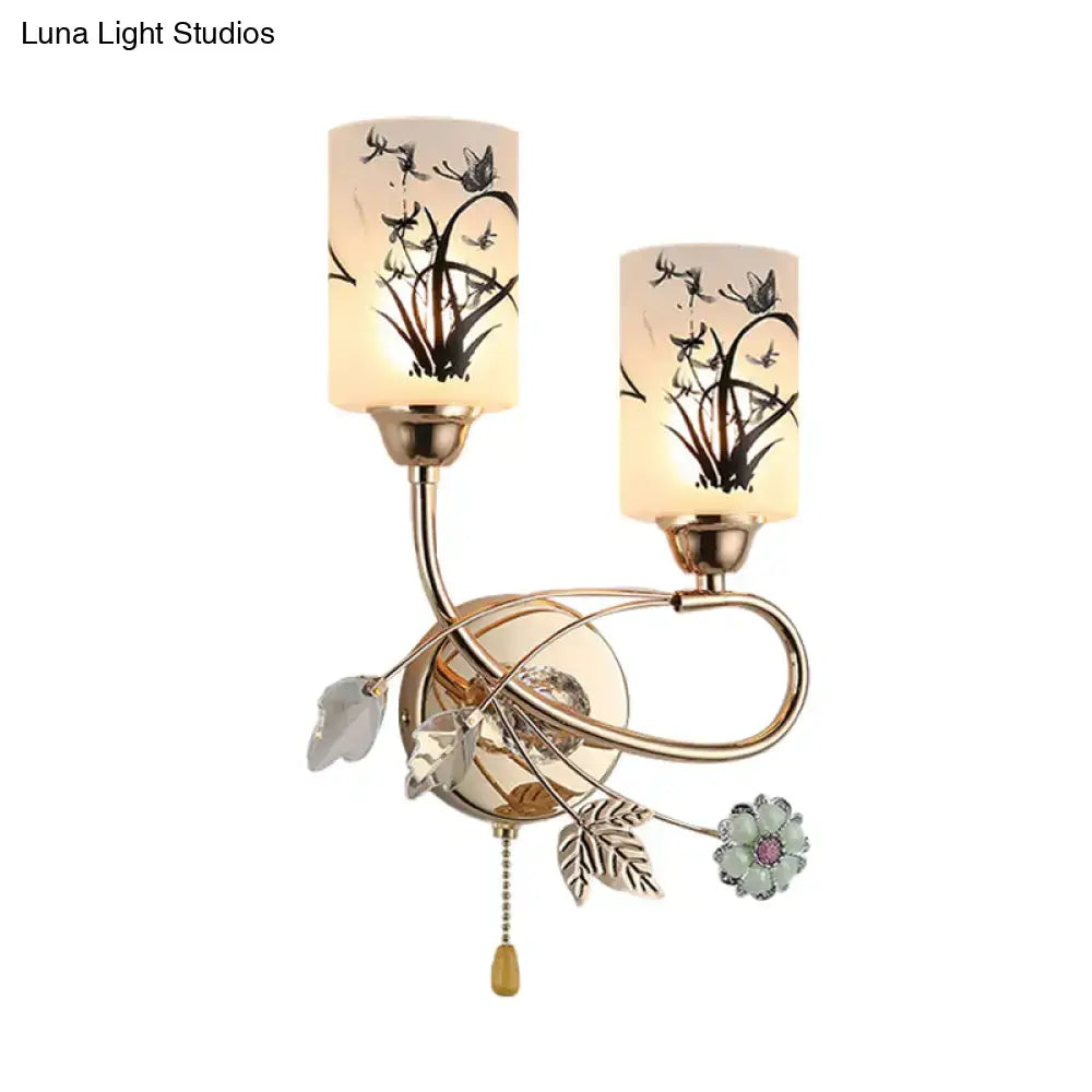 Modern gold floral 2 bulb wall lamp with brass fixture and frosted glass shades 220v-240v for bedroom lighting