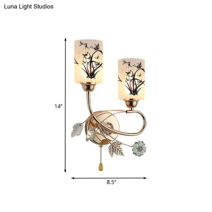 Modern gold floral 2 bulb wall lamp with brass fixture, frosted glass shades, and 220v-240v power supply