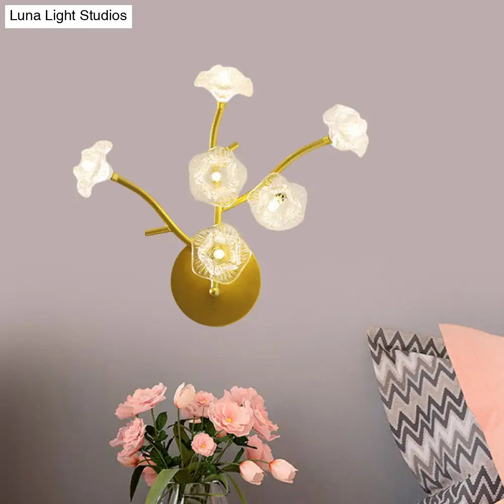 Modern gold floral bedside wall mount lamp with five translucent flower-shaped glass shades light fixture
