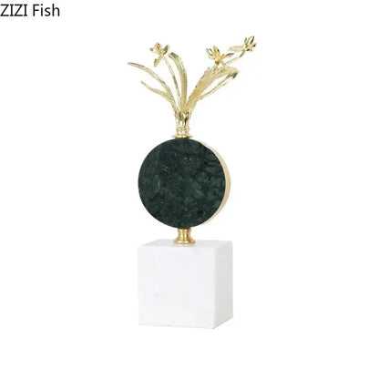 Modern gold flower crystal sculpture desk decoration with metallic floral design on dark green stone and white marble base