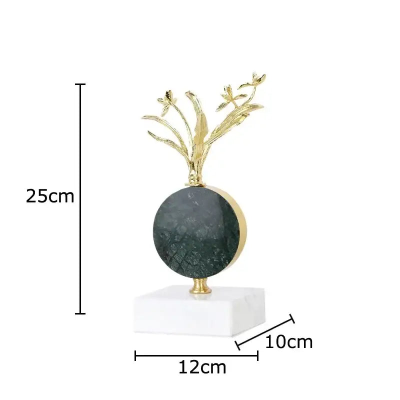 Modern gold flower crystal sculpture desk decoration with metallic branch on dark green marble sphere base
