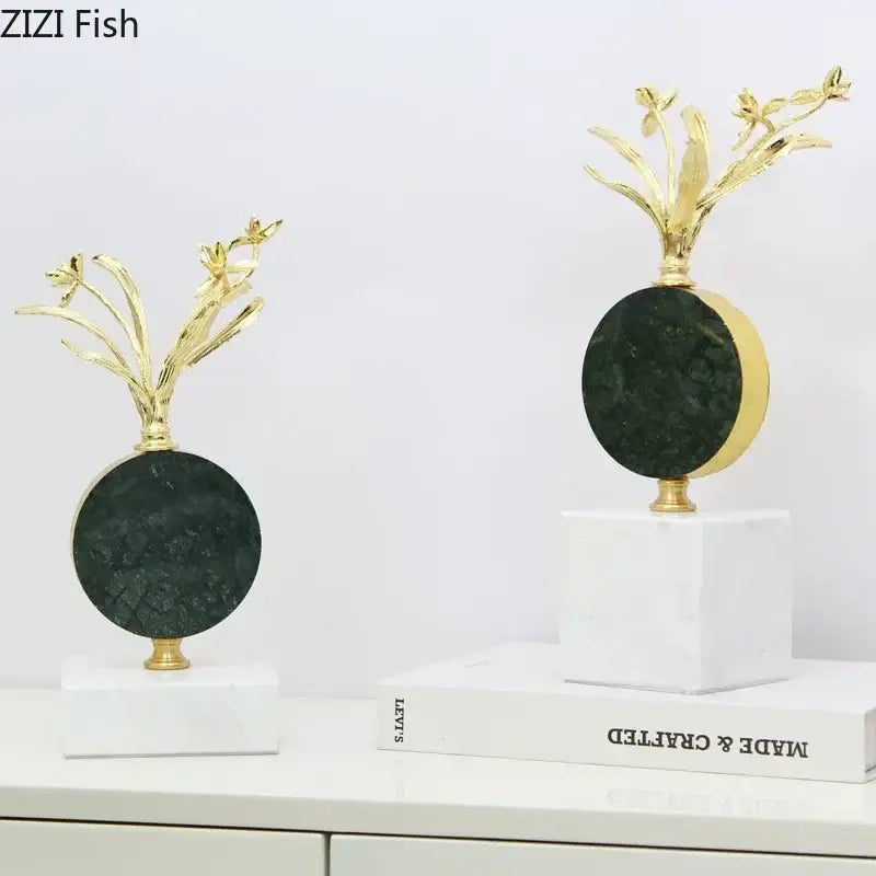 Modern gold flower crystal sculpture with metallic floral design and green marble discs for desk decoration