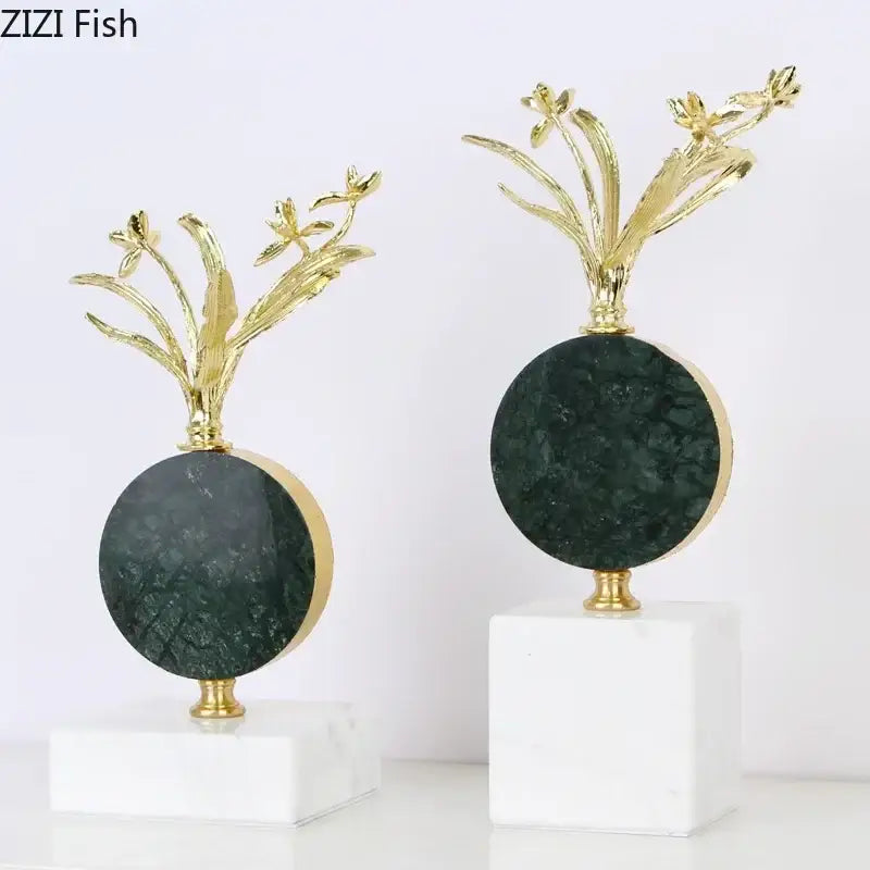 Elegant gold-toned metal flower crystal sculpture desk decoration on dark green marble discs with white marble bases