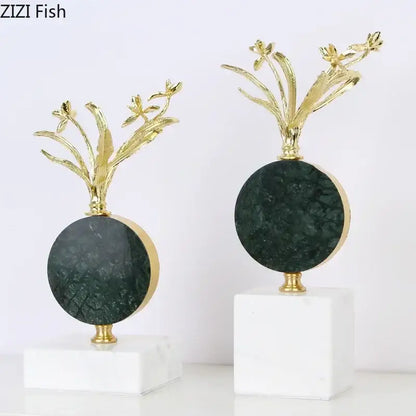 Elegant gold-toned metal flower crystal sculpture desk decoration on dark green marble discs with white marble bases