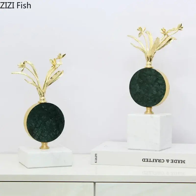 Modern gold flower crystal sculpture desk decoration with dark green bases on white marble pedestals for bedroom craft