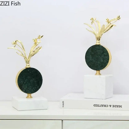 Modern gold flower crystal sculpture desk decoration with dark green bases on white marble pedestals for bedroom craft