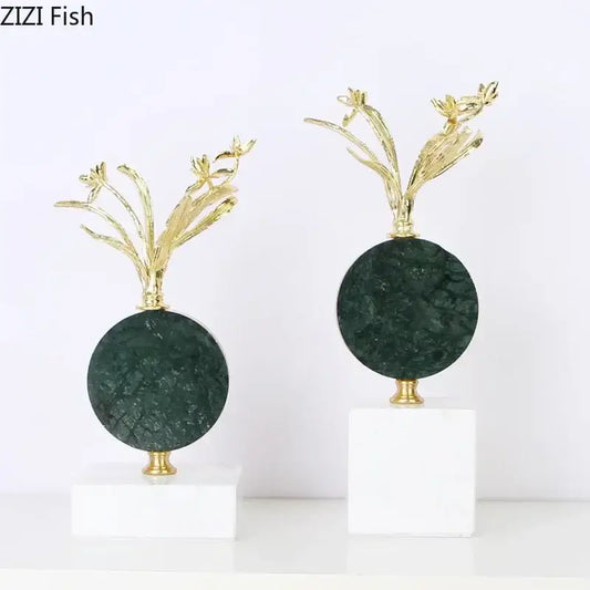 Modern gold flower crystal sculpture desk decoration featuring metallic floral design on dark green bases with marble pedestals