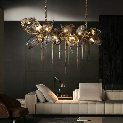 Modern gold flower glass shades led chandelier with sculptural glass orbs and metallic drips for stairs lighting