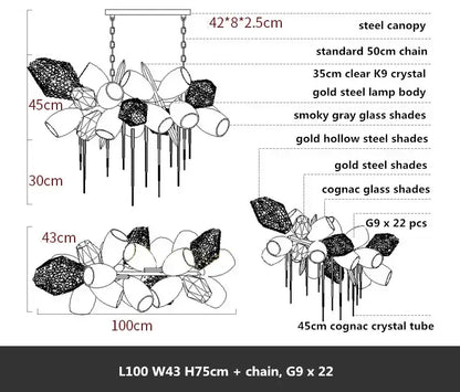Modern gold flower glass shades led chandelier with steel canopy and smoky gray and cognac glass shades for stairs hanging lamp